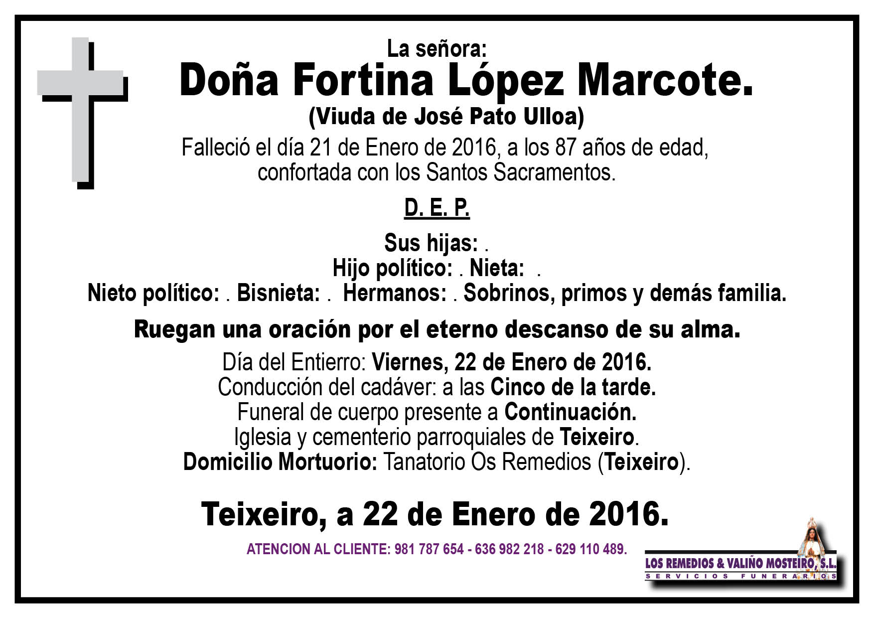 Esquela de Fortina López Marcote.